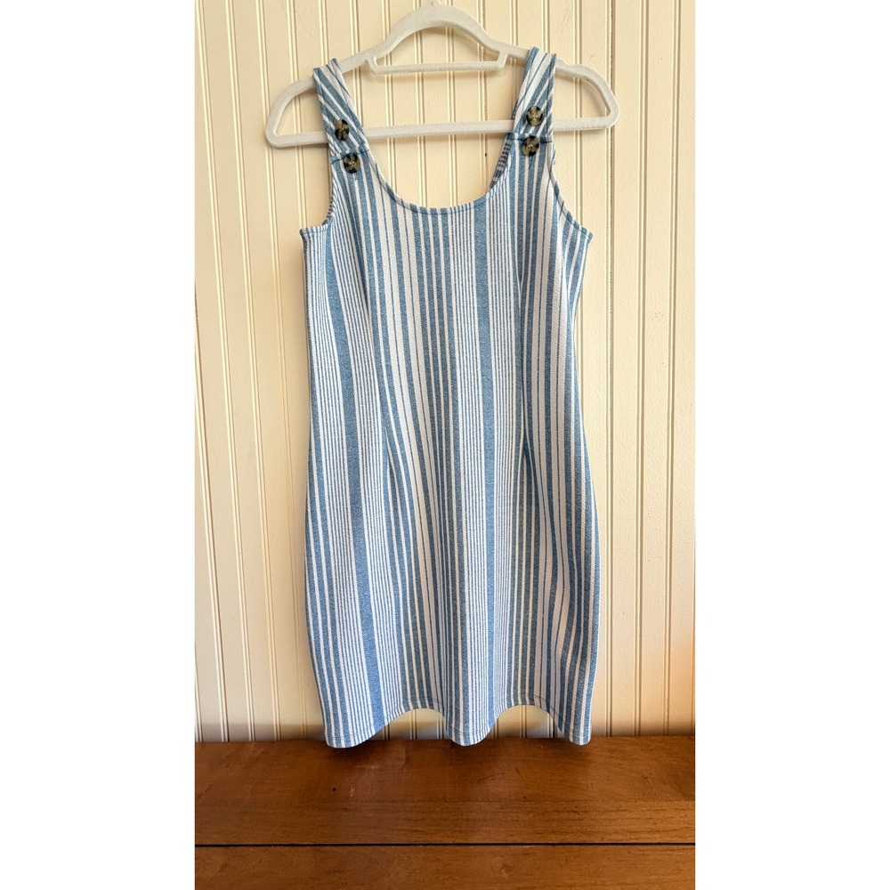 Coastal Blue White Striped Sleeveless Nautical Mini Shift Sun Dress Medium - Picture 2 of 8